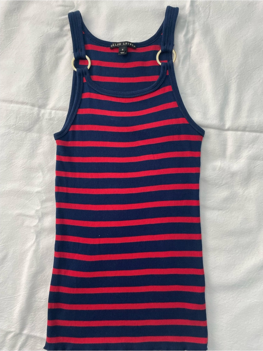 Ralph Lauren Navy and Red Striped Rib Tank Dress with Gold Rings
